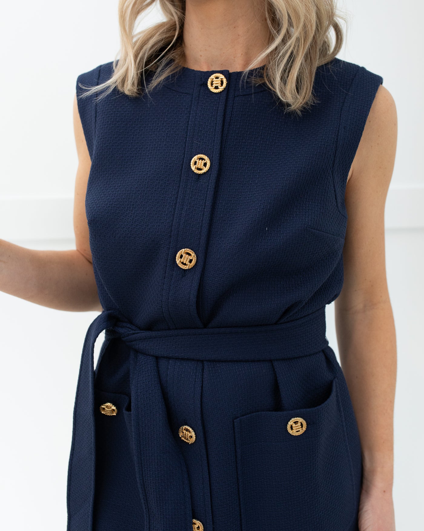 Navy Tie Waist Long Vest