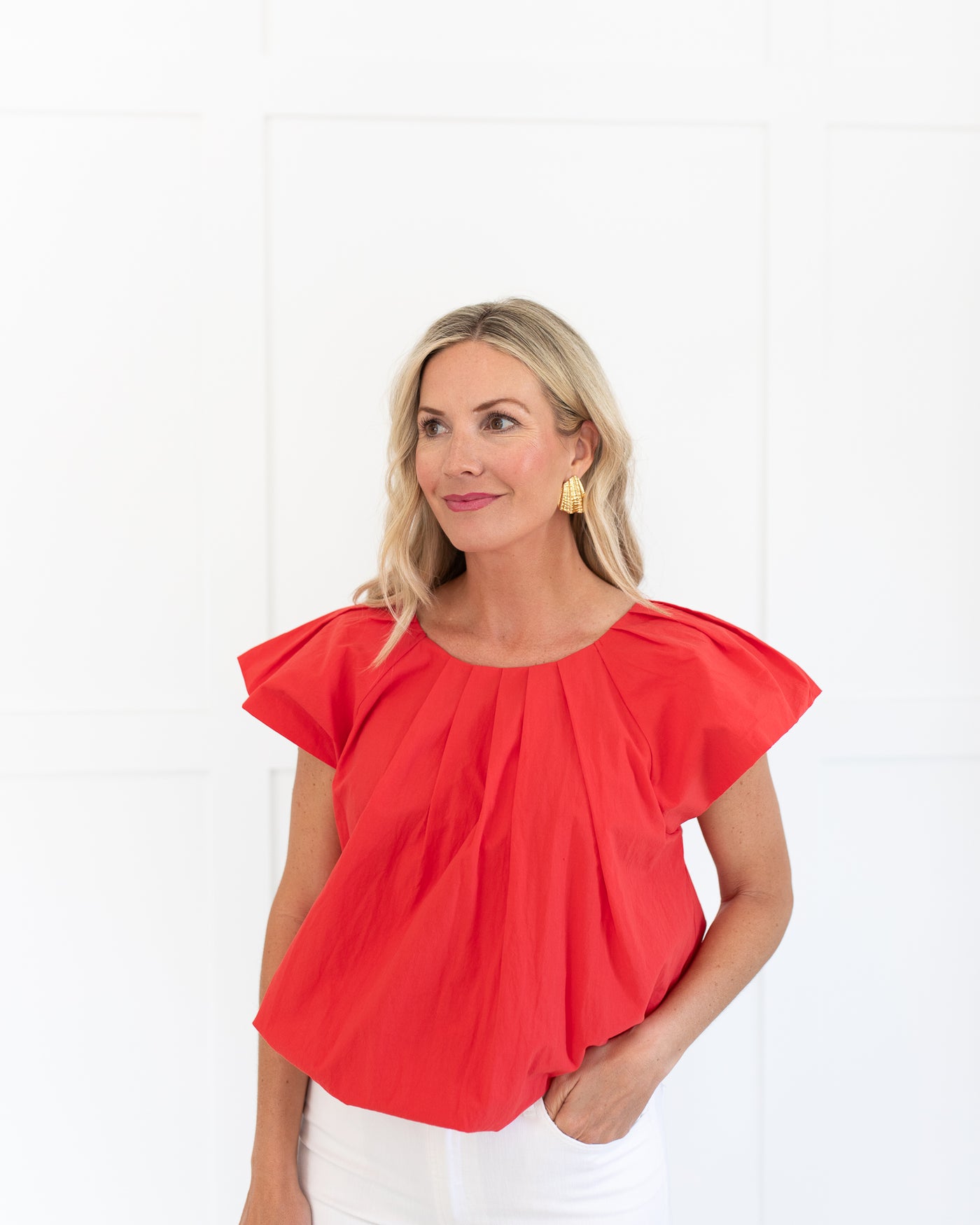 Red Front Pleated Blouse with Bubble Waist