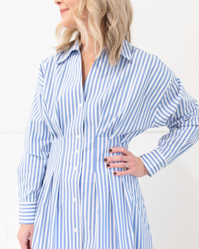 Blue and White Stripe Pleated Midi Dress