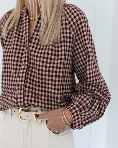 Burgundy Gingham Button Front Shirt