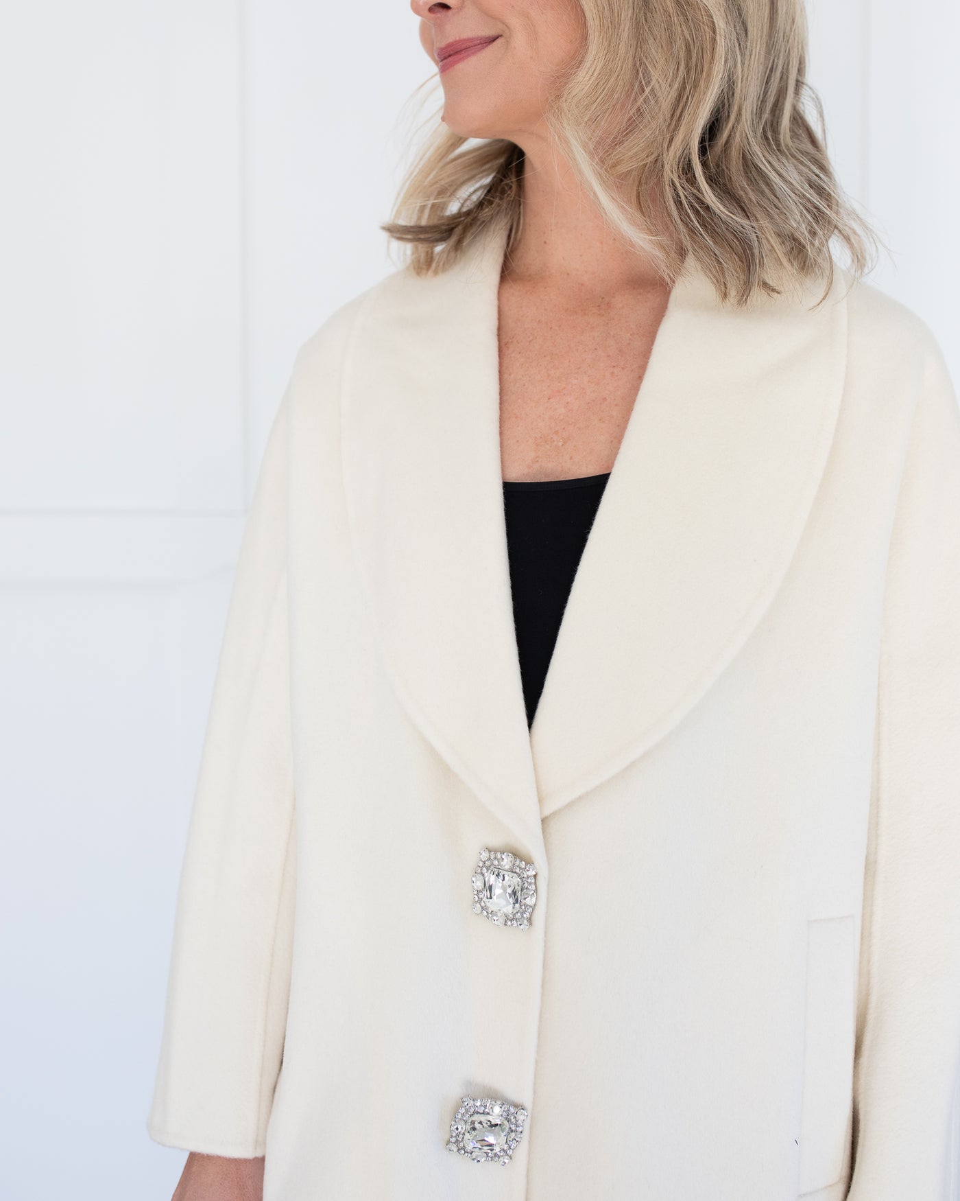 Crystal Button Walking Coat in Ivory