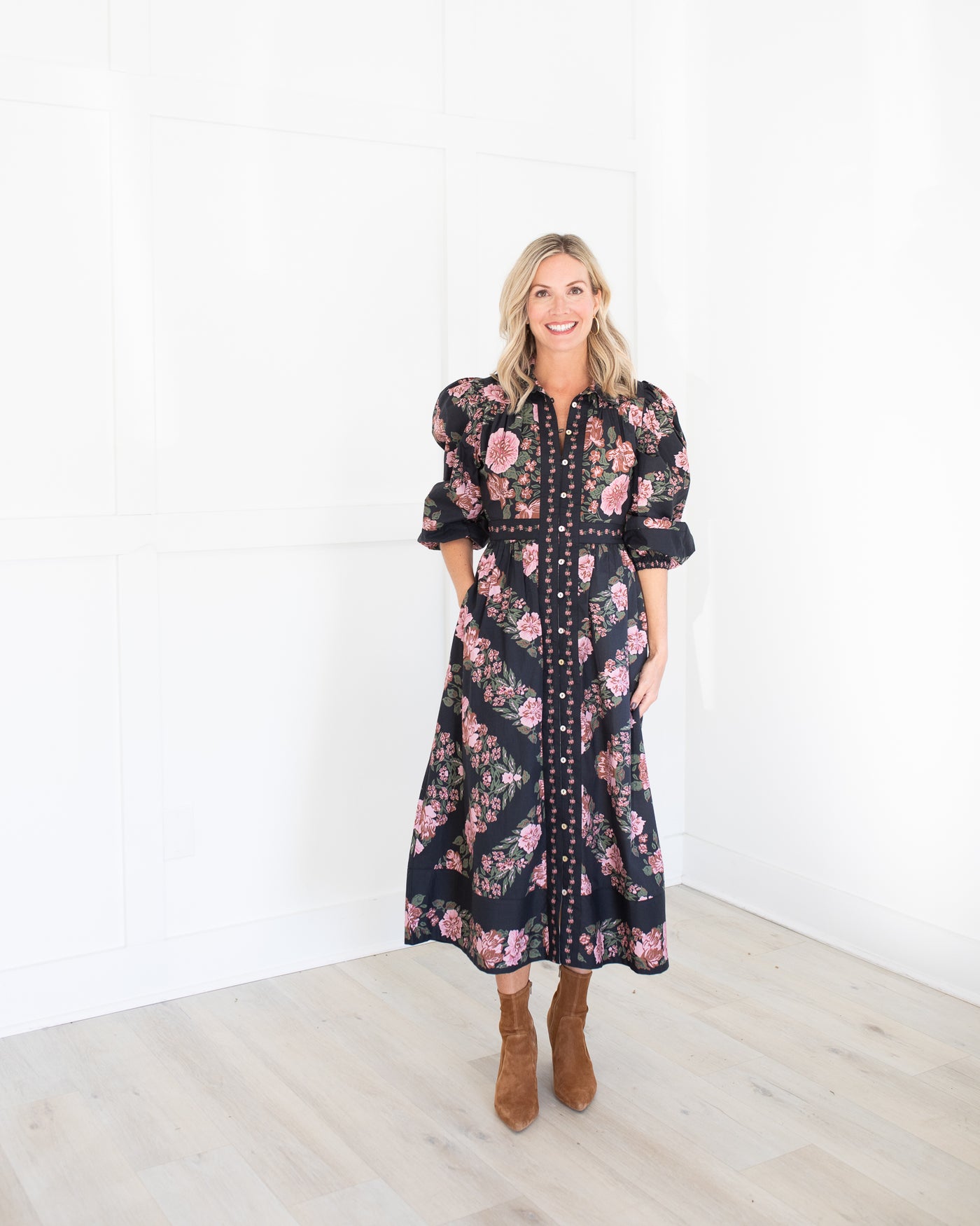 Gillian Midi Dress in Black with Pink Flowers