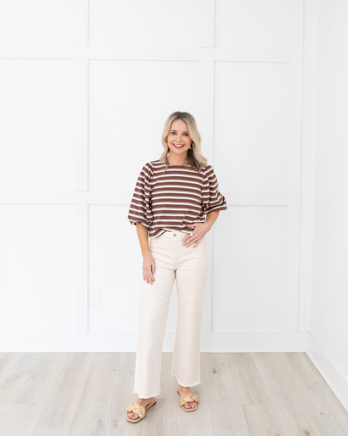 Brown and Cream Striped Balloon Sleeve Top