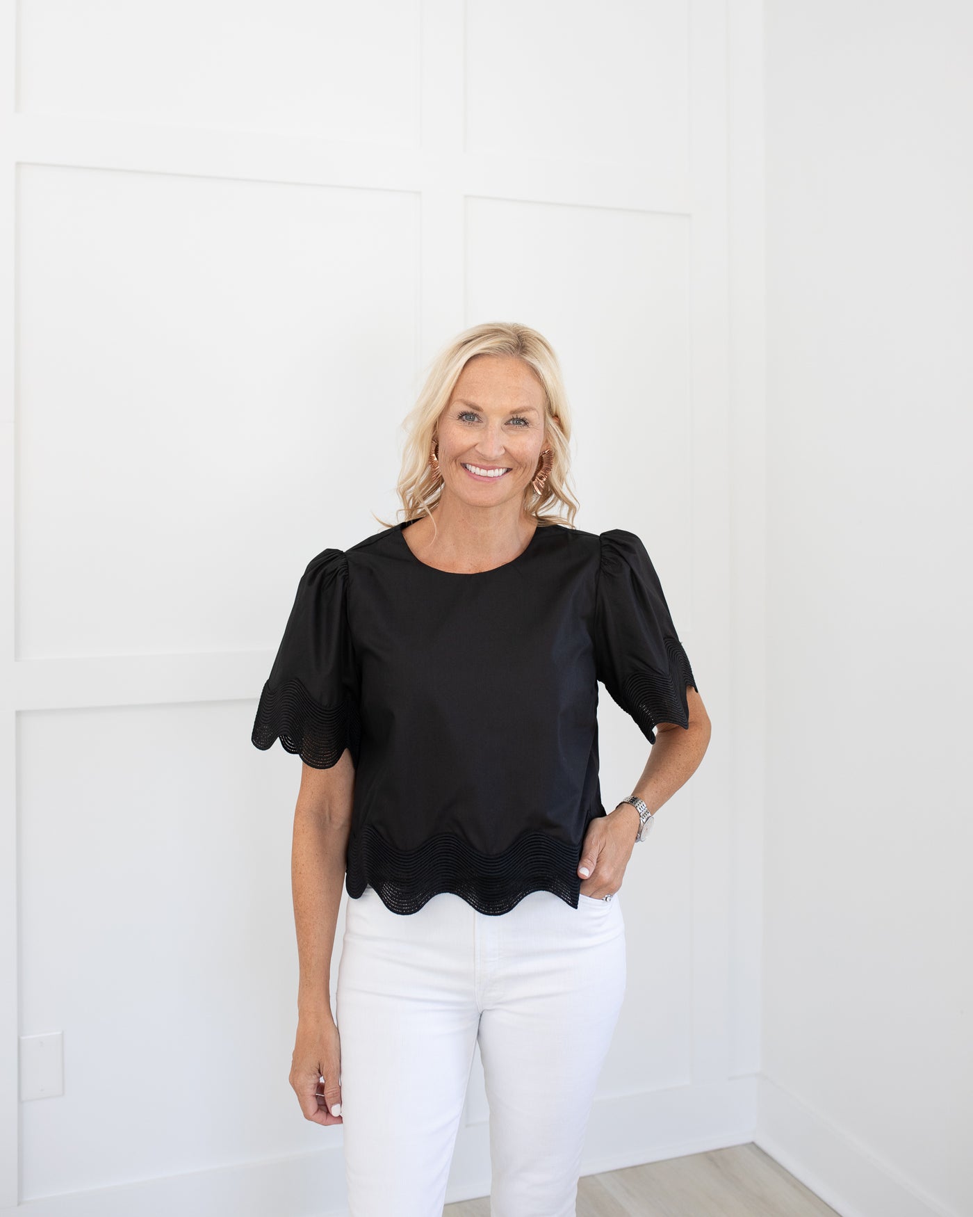 Black Blouse with Woven Wave Detail Trim