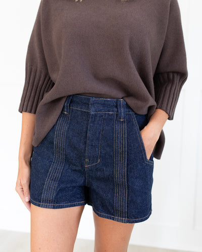 Dark Wash Topstitch Denim Shorts