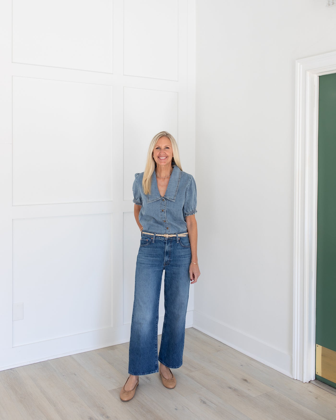 Denim Button-Up Blouse with Collared V Front