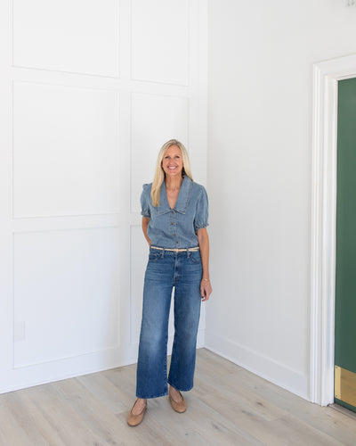 Denim Button-Up Blouse with Collared V Front