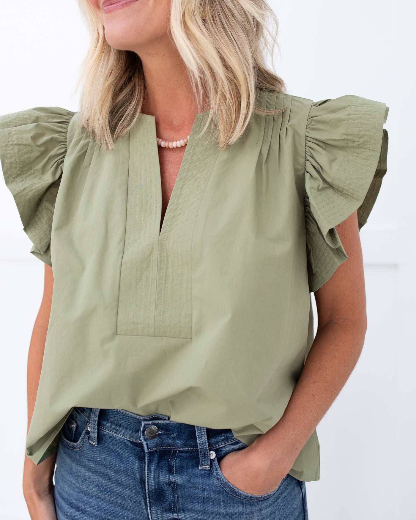 Moss Flutter Sleeve V Neck Top