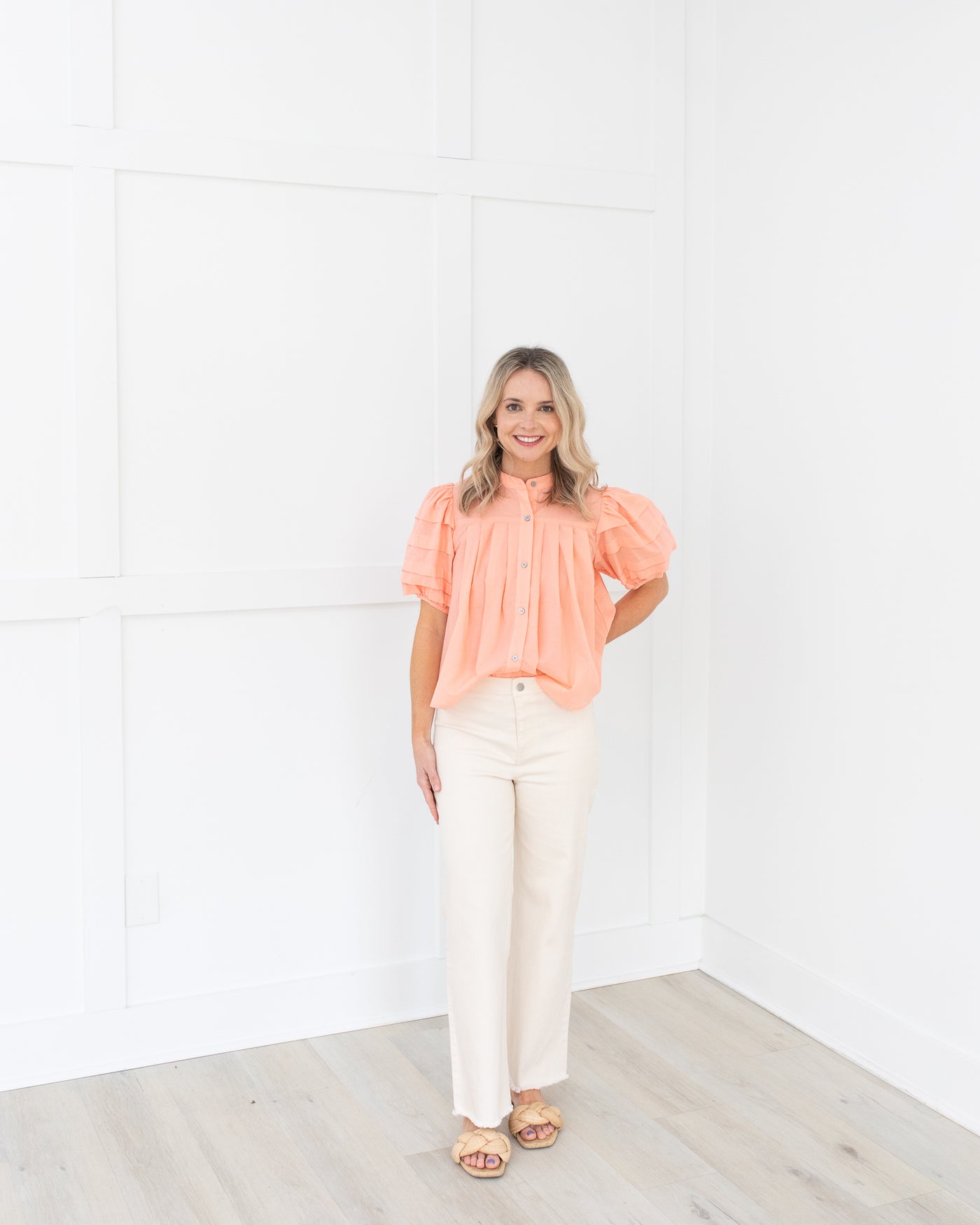 Peach Puff Sleeve Top with Buttons