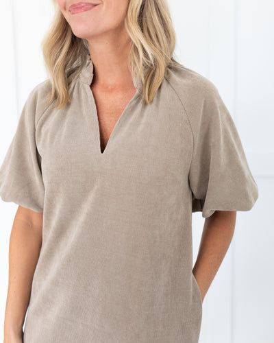 Corduroy Puff Sleeve Dress in Taupe