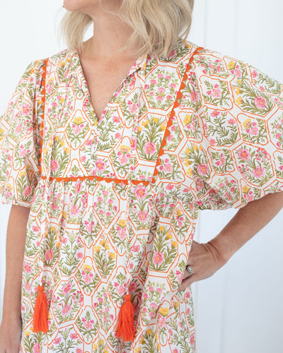 Ivory, Pink and Yellow Floral Dress with Orange Trim
