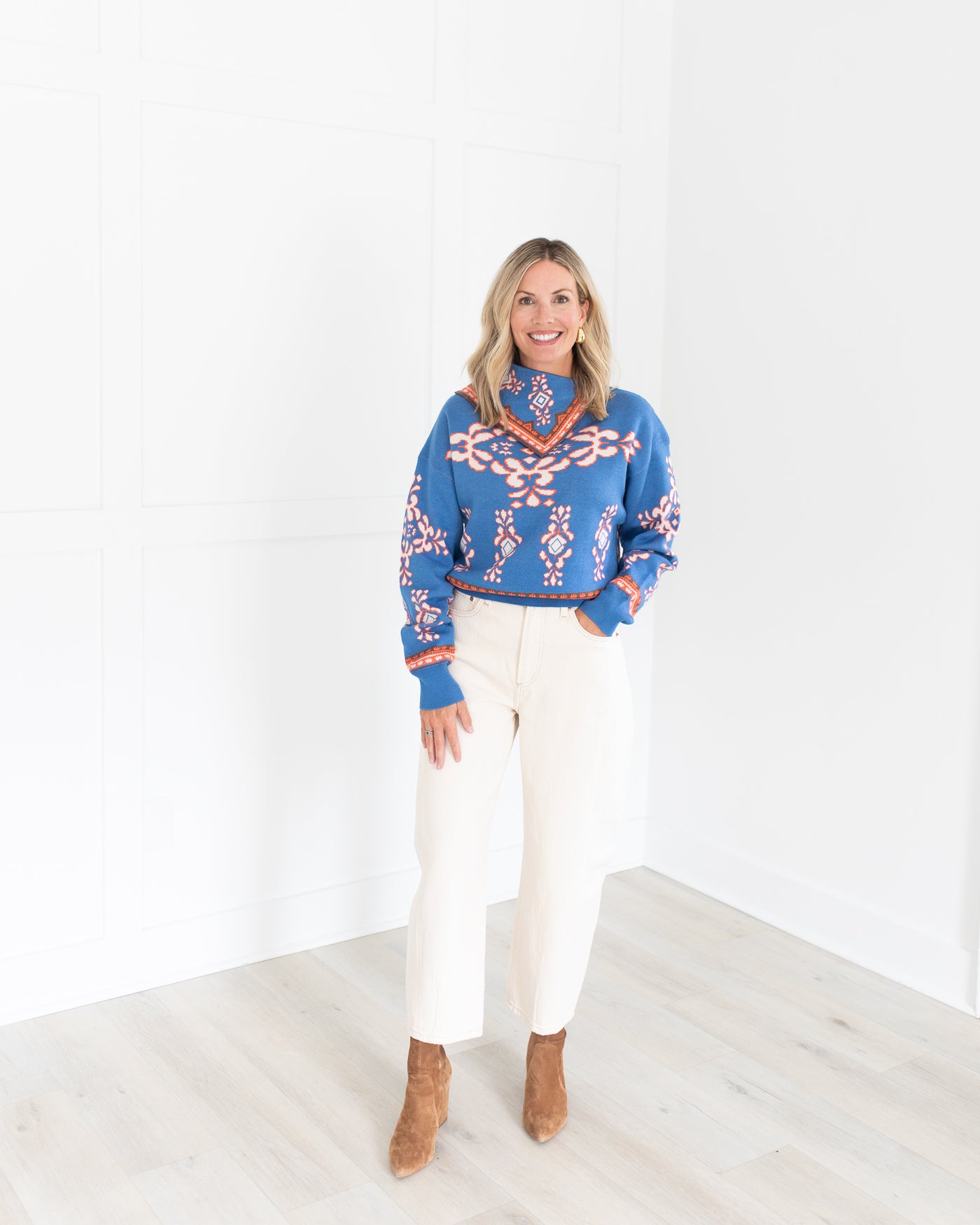 Blue and Orange Print Scarf Neck Sweater