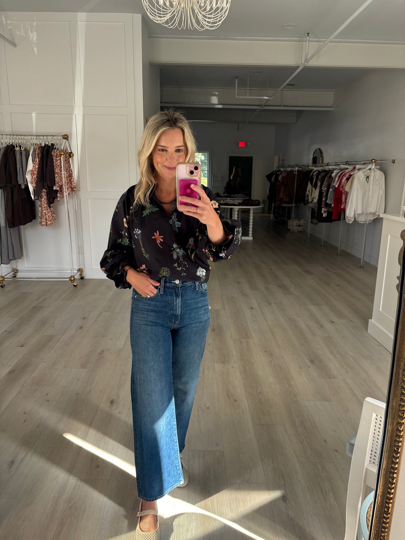Black with Floral Scallop V Neck Blouse