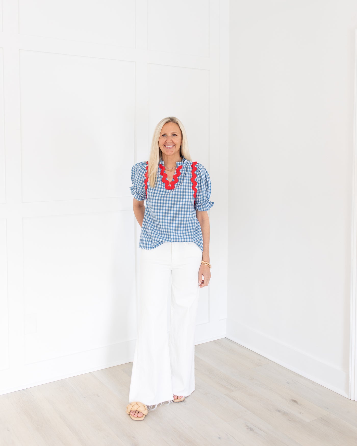 Blue Gingham Top with Red Ric Rac Detail