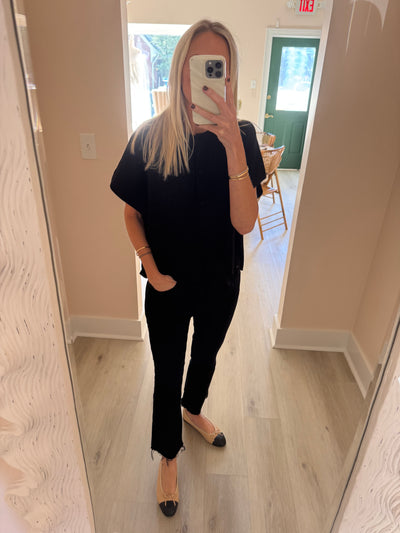 Black Knit Soft Short Sleeve Sweater w/Buttons