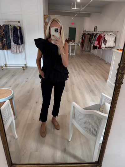 Black Dressy Front Ruffle Peplum Top