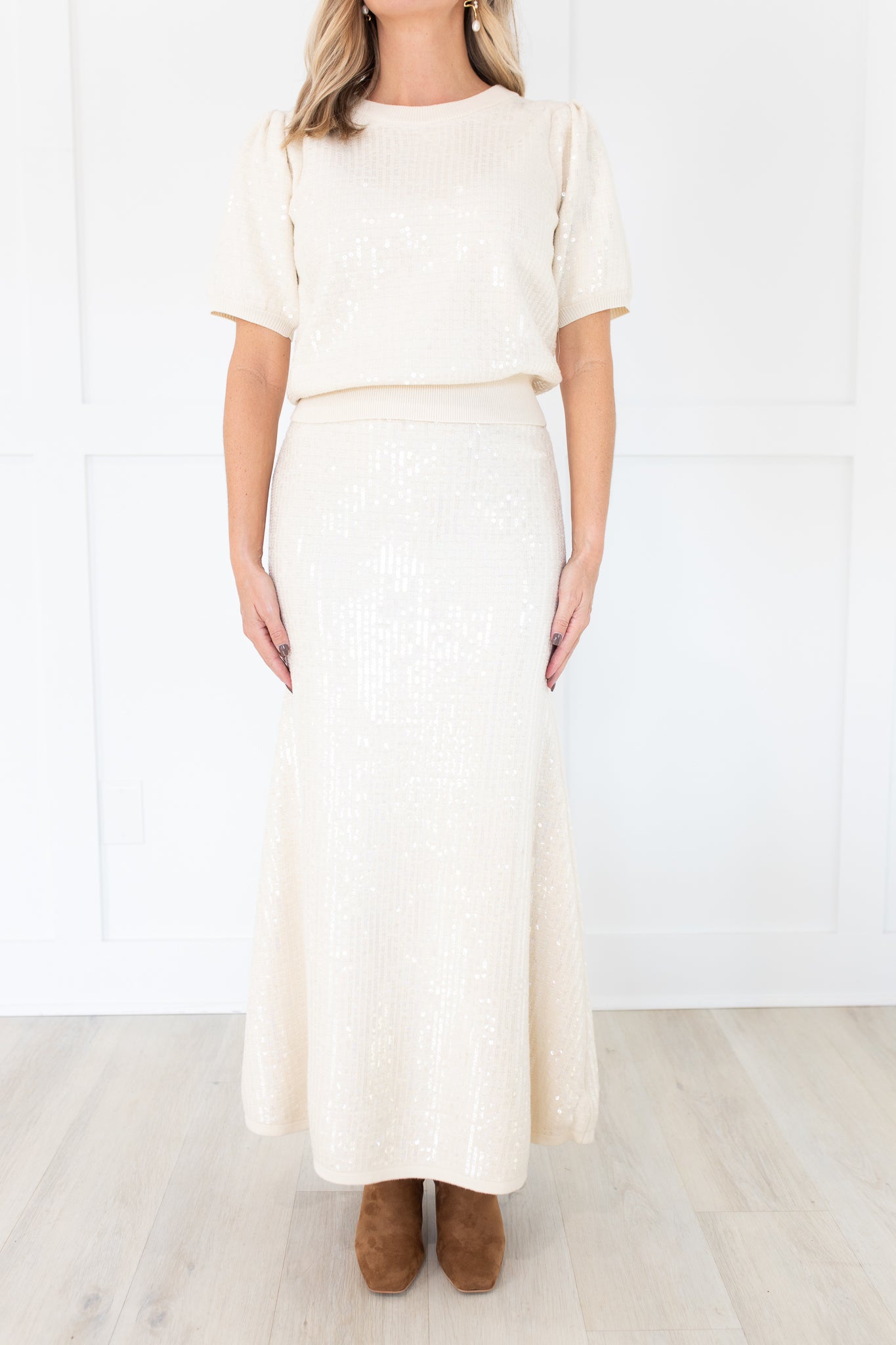 Cream Knit Maxi Skirt with Sequins