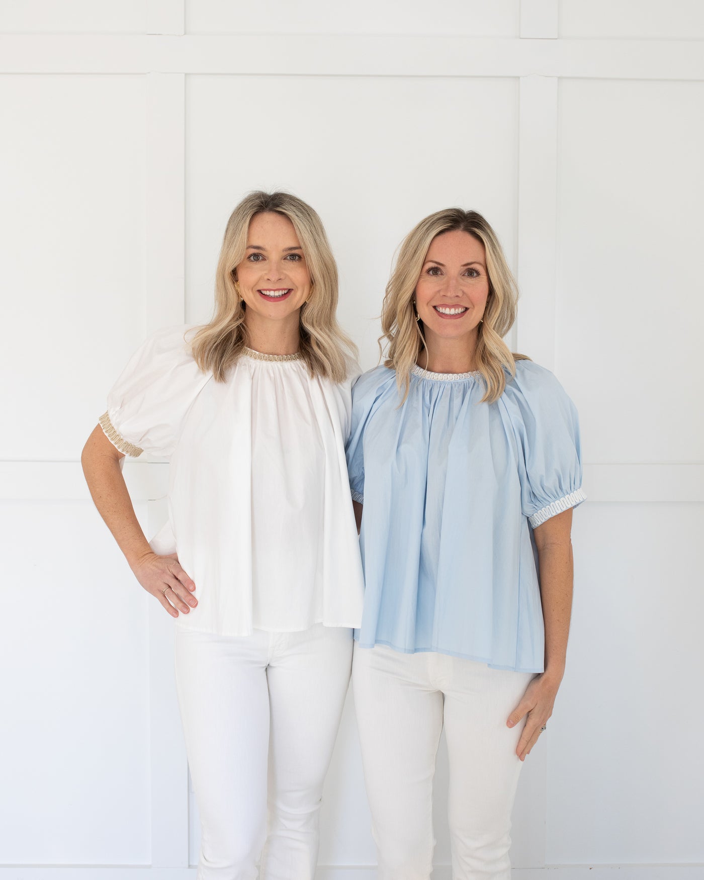 White Puff Sleeve Blouse with Tan Embroidered Trim