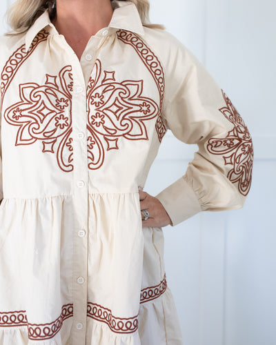 Ecru & Brown Embroidered Button Down Mini Dress