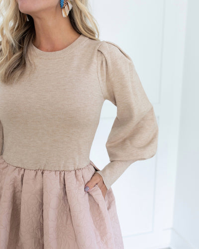 Tan Sweatshirt and Quilted Dress