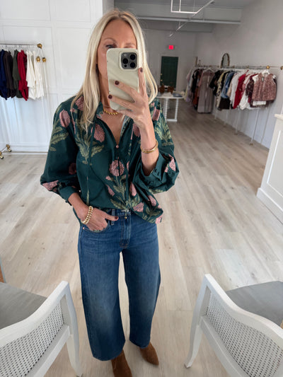 Green and Peach Balloon Sleeve Top