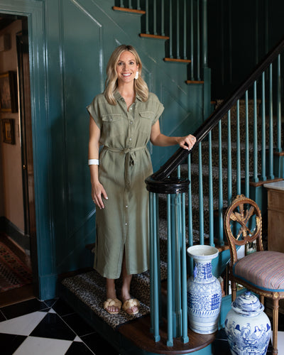 Olive Green Snap Front Shirt Dress with Tie