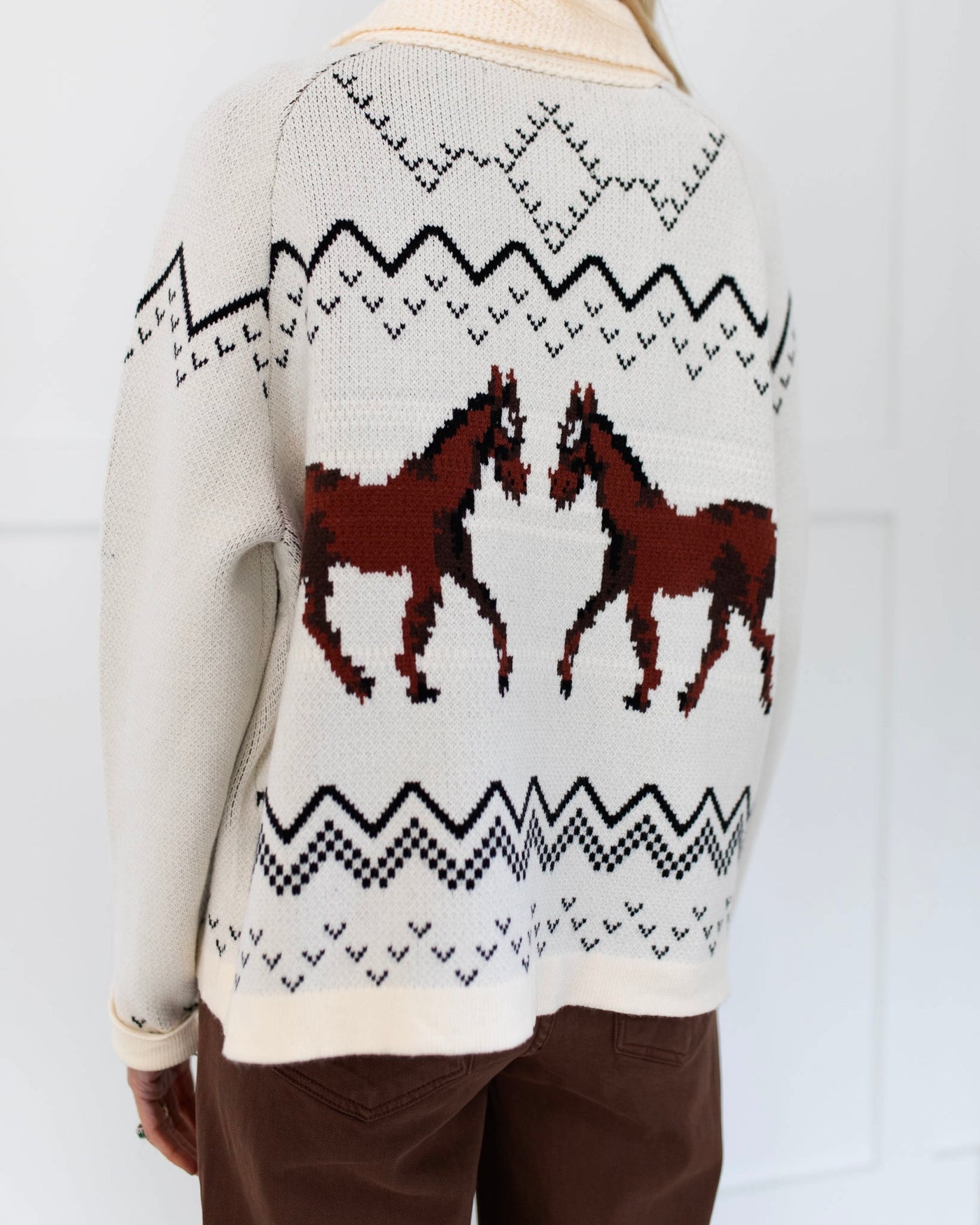 Beige Cream Cardigan Sweater with Horses