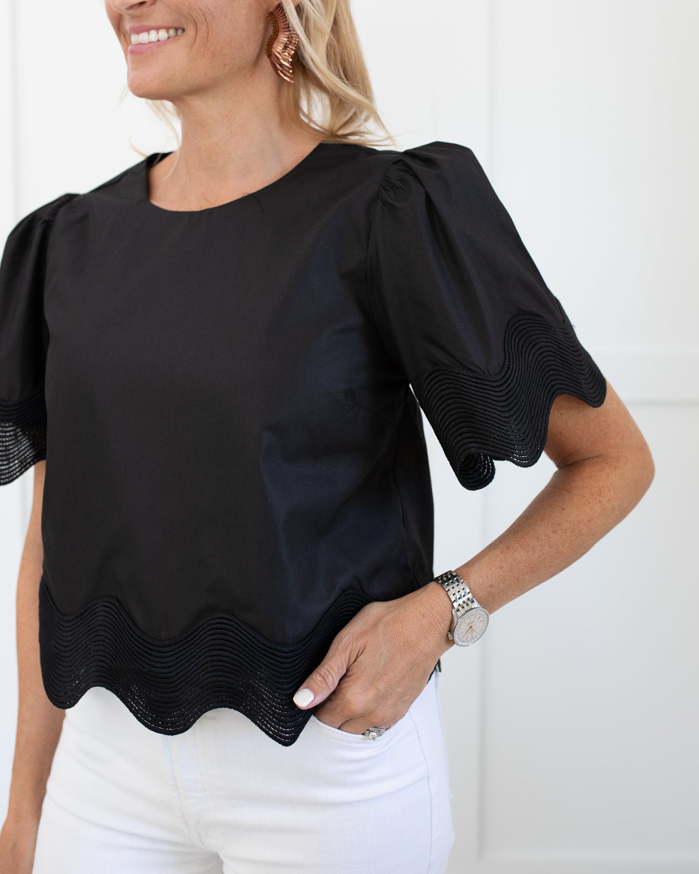 Black Blouse with Woven Wave Detail Trim