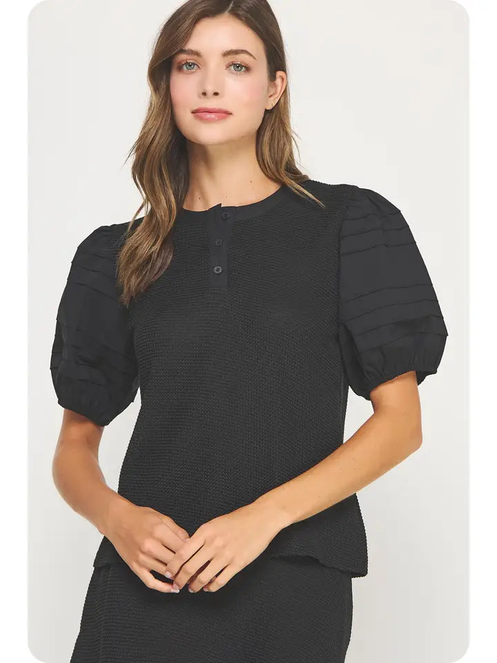 Black Puff Sleeve Textured Top