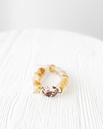 Glass Bead Bracelet in Camel with Ivory and Brown Disc Stone