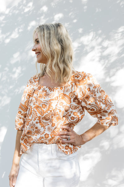 Mason Top In Orange, White and Latte Paisley Floral