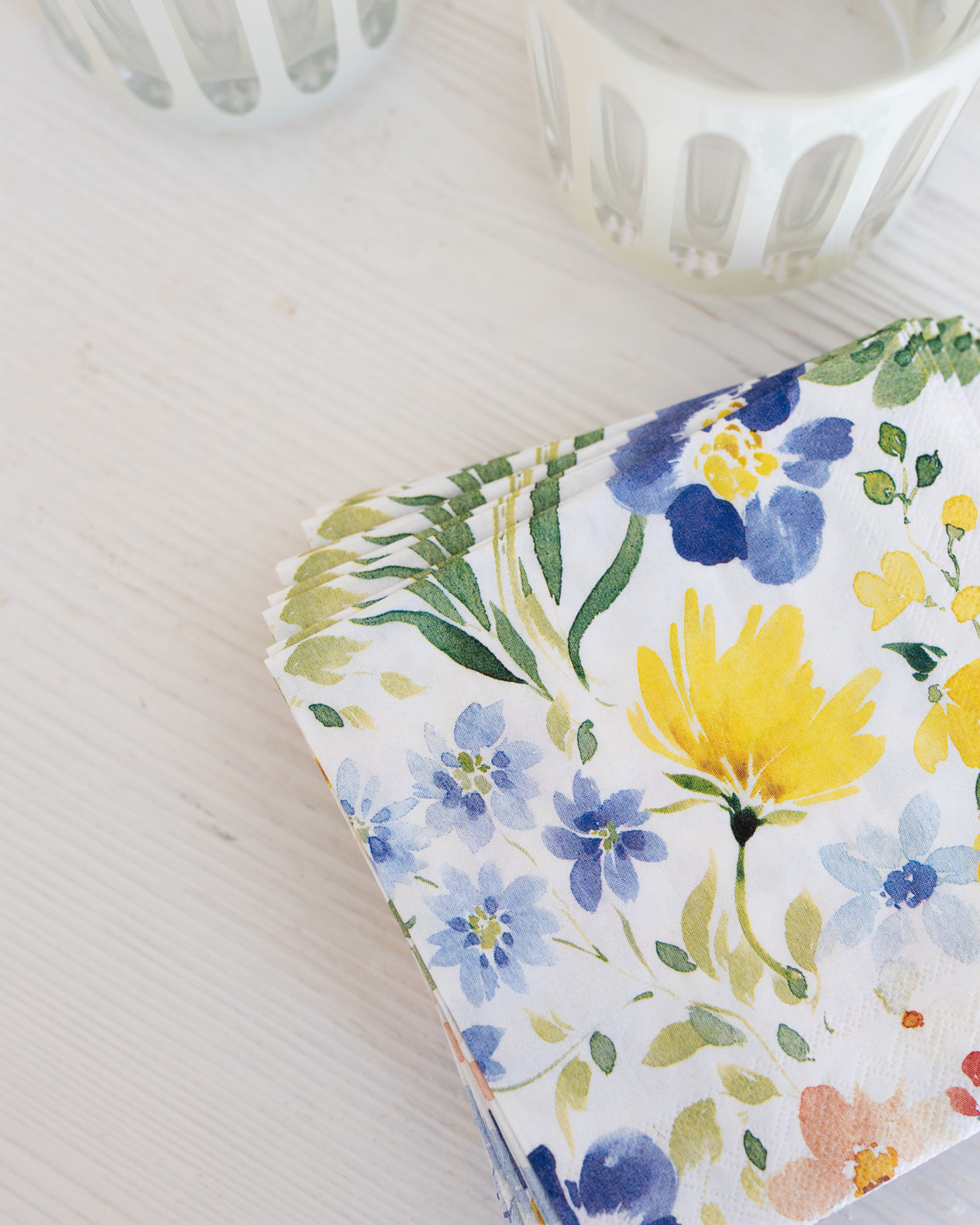 Yellow and Blue Floral Paper Beverage Napkins