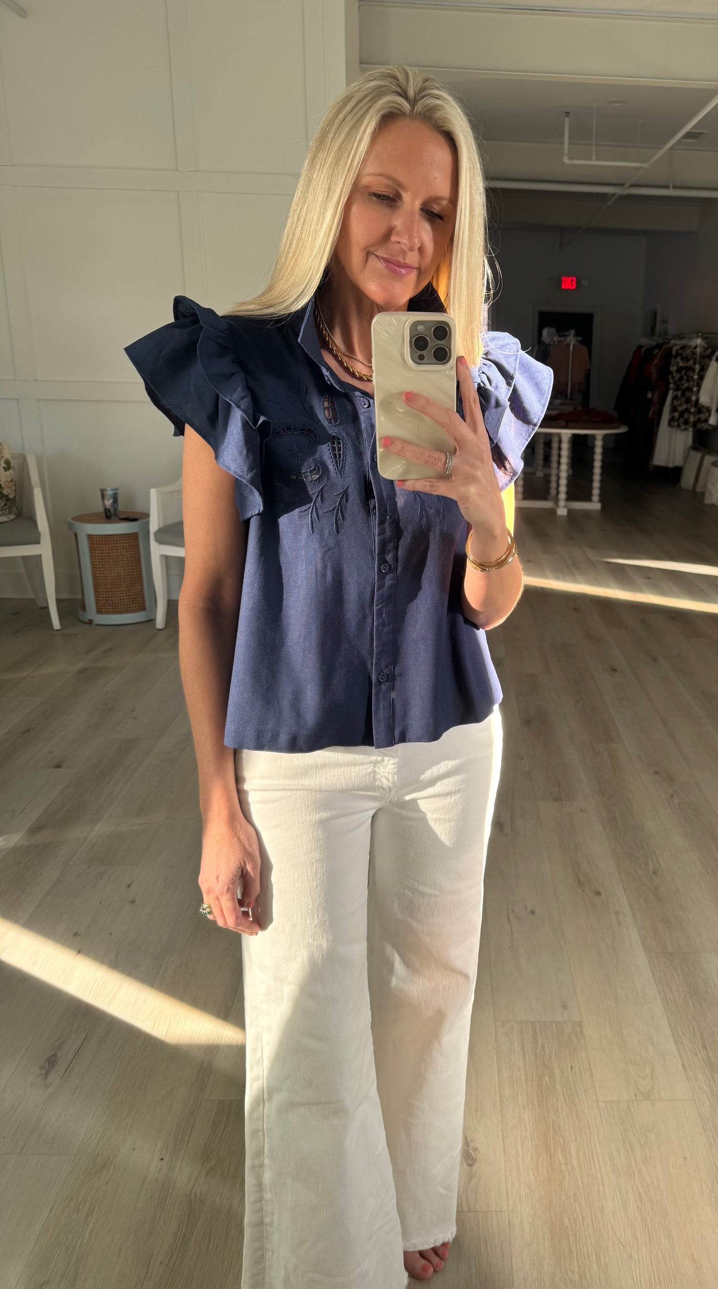 Navy Button Down Blouse with Embroidery