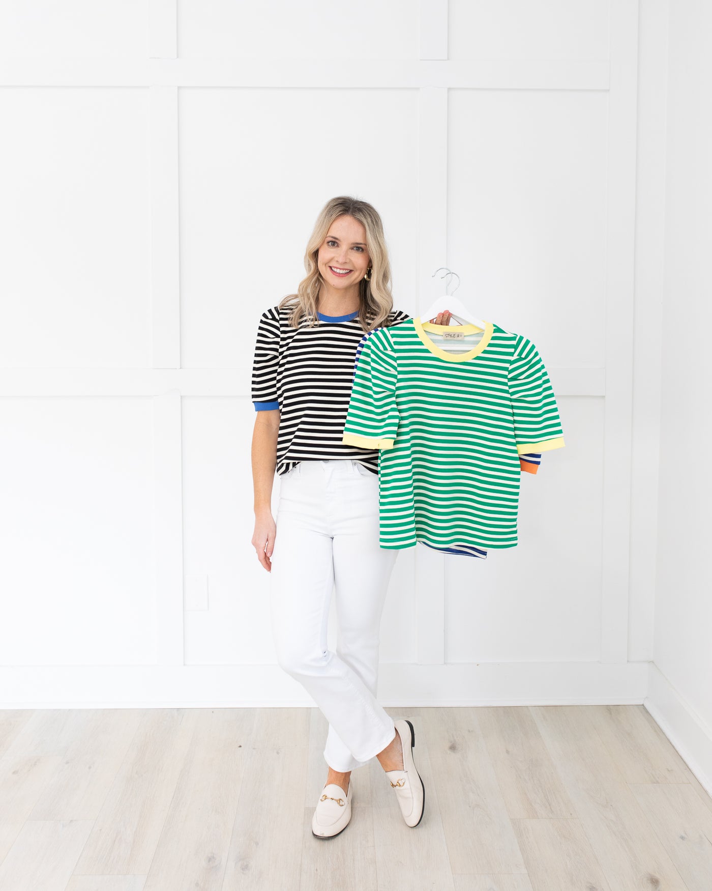 Black Striped Blouse with Royal Trim