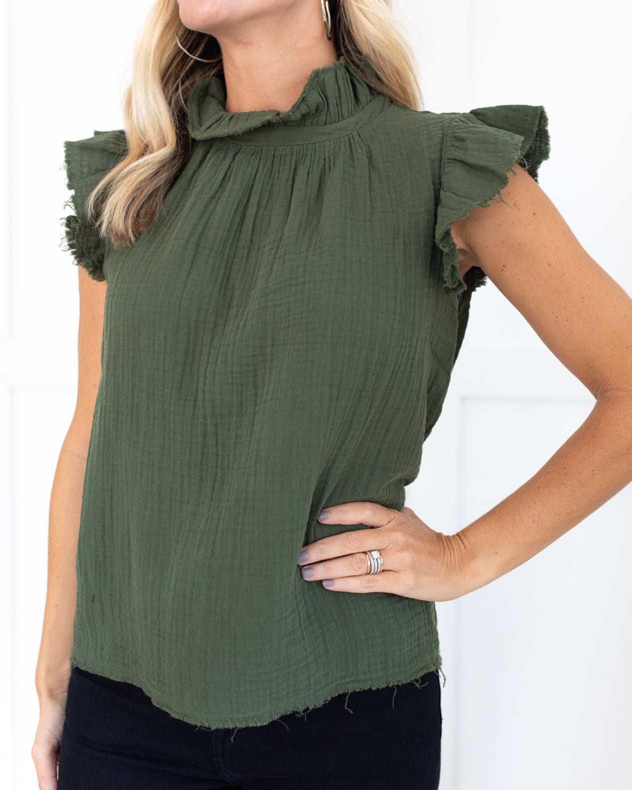 Gauze Ruffle Neck and Sleeveless Top in Army Green