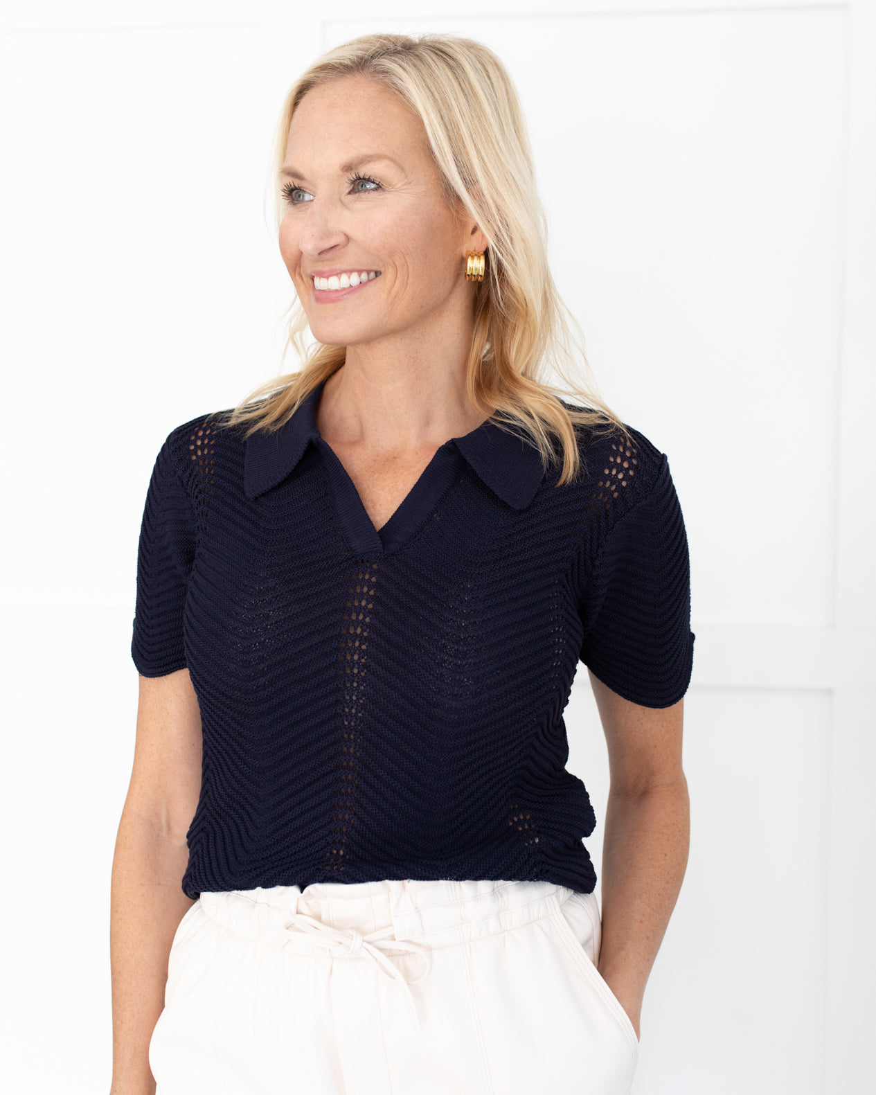Navy Scallop Detail Crochet Knit Top