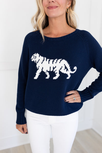 Navy Sweater with White Tiger