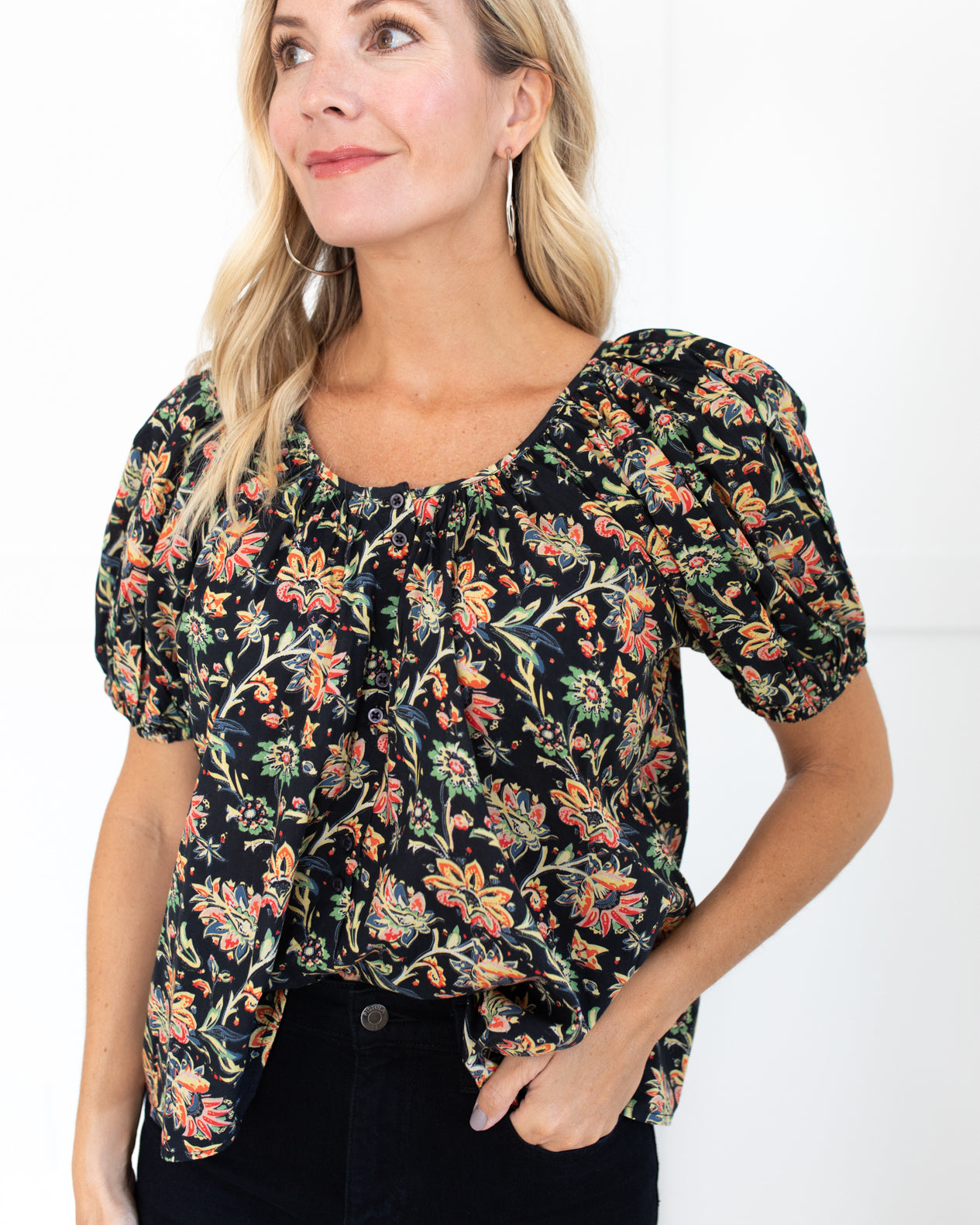 The Porch Top in Black Paisley Floral