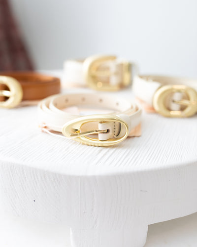 Ecru Leather Belt with Oblong Gold Buckle