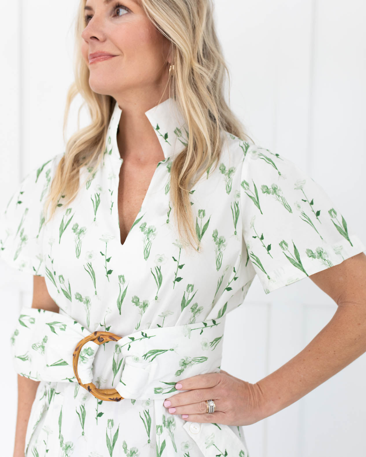 Green and White Floral Midi Dress with V Front Collar, Pockets and Belt