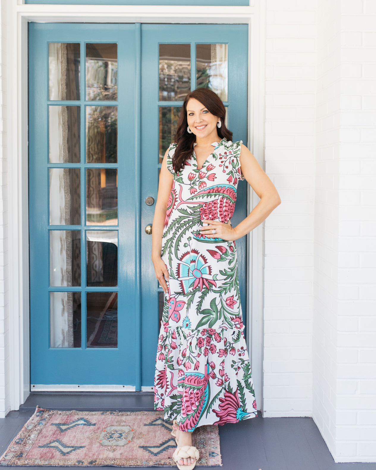 Sleeveless Ruffle Neck Maxi Dress in Aqua and Pink Floral with Tie