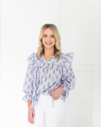 Lilac and Coral Floral Ruffle Sleeve Top