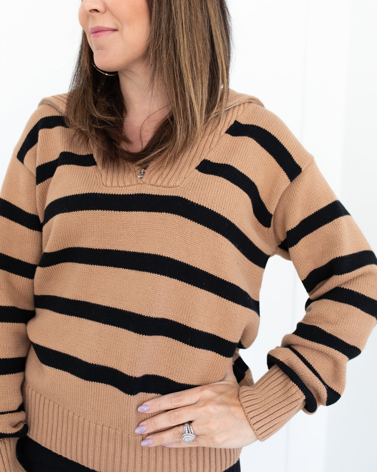 Tan/Black Striped Knit Zip Pullover Sweater