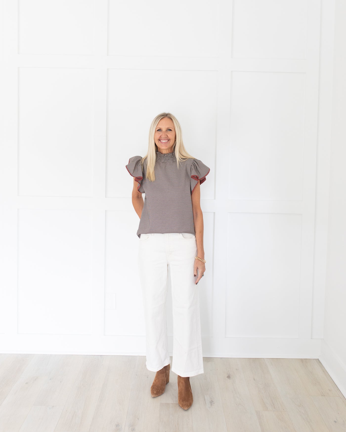Rust and Black Houndstooth Flutter Sleeve Top