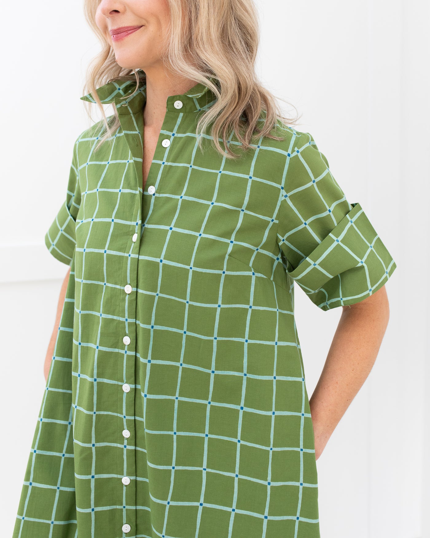 Green and Blue Grid Collared Dress