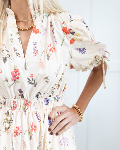 Cream with Floral Print Puff Sleeve Midi Dress
