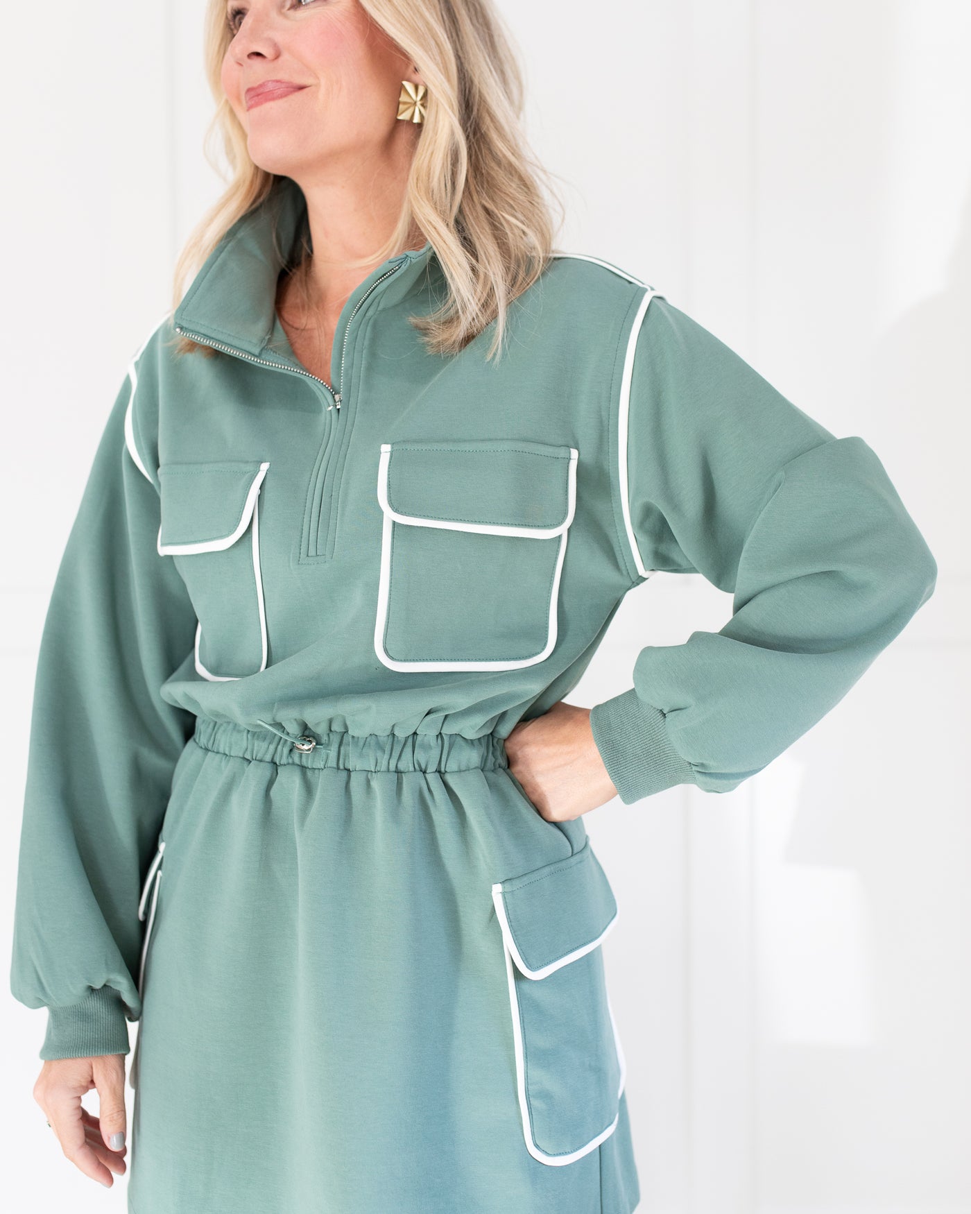 Green and White Half Zip Dress