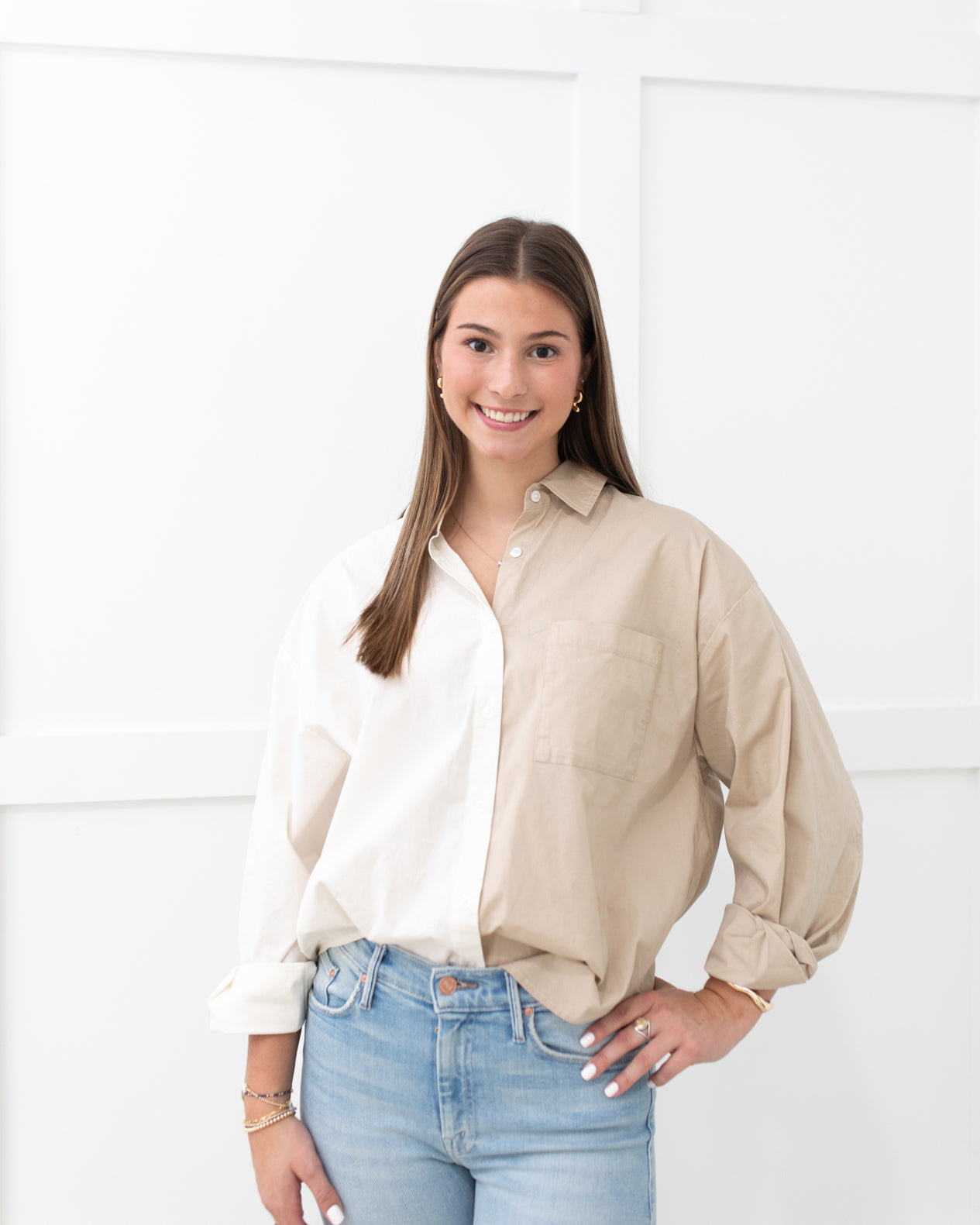 LONG SLEEVE OVERSIZED BUTTON DOWN SHIRT - Ivory and Tan