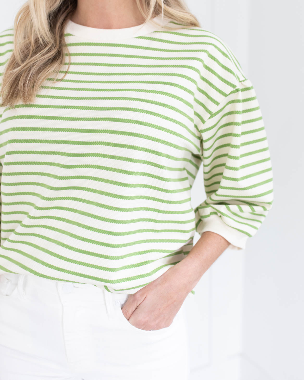 Light Green Striped 3/4 Sleeves Top