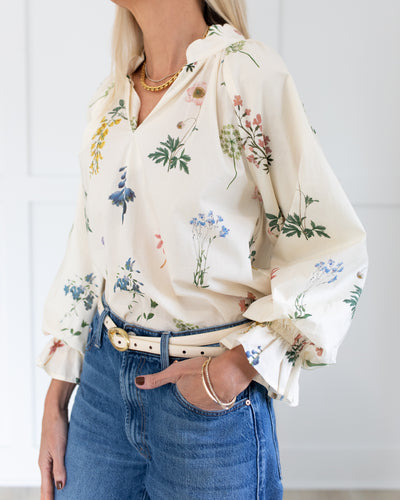 Cream with Floral Scallop Neck Blouse